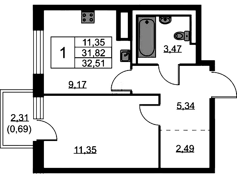1-комнатная квартира 32.51 м², 5/9 эт., ЖК «Квартал Лаголово»